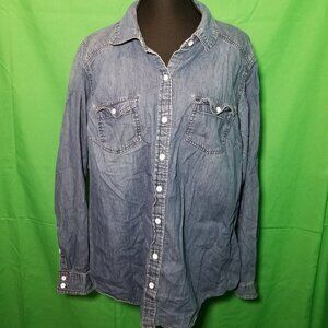 Torrid Womens Size 0 Medium Wash Denim Button Down Long Sleeve Shirt Blue Biker